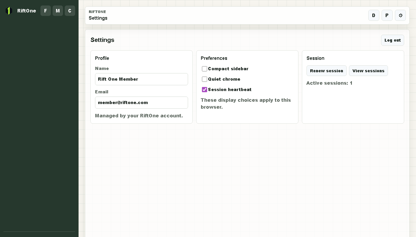 Rift One account settings with profile, preferences, and session controls